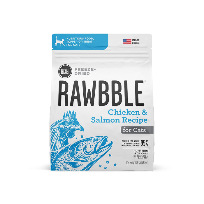 BIXBI Rawbble Freeze Dried Cat Food, Chicken & Salmon Recipe, 3.5 Oz - 95% Meat And Organs, No Fillers - Pantry-Friendly Raw Cat Food For Meal, Treat Or Food Topper - USA Made In Small Batches