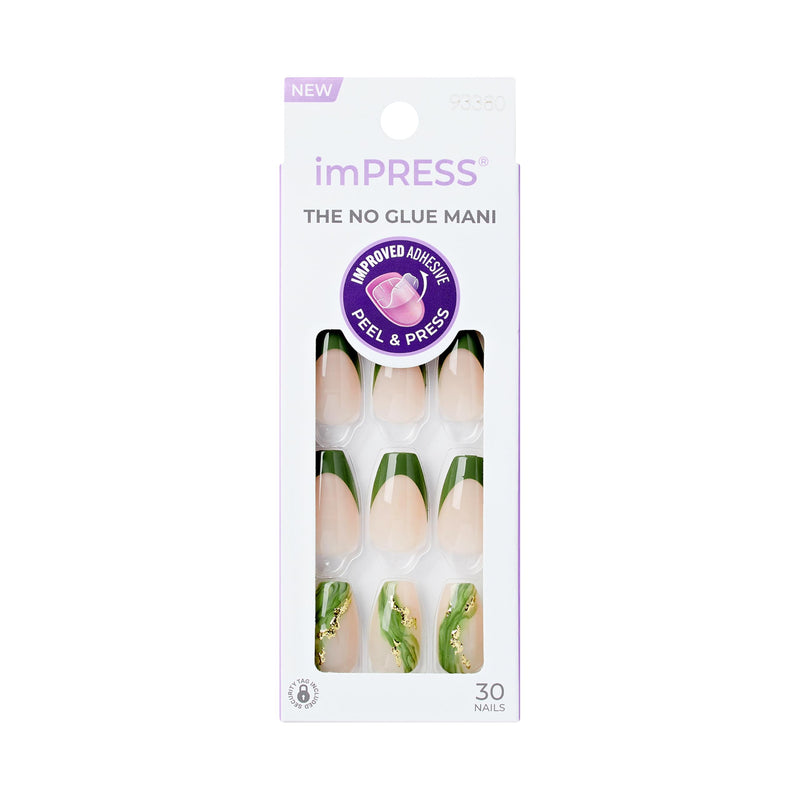 KISS Impress No Glue Mani Press On Nails, Design, 'Ballerina', Neutral/Green, Medium Size, Coffin Shape, Includes 30 Nails, Prep Pad, Instructions Sheet, 1 Manicure Stick, 1 Mini File