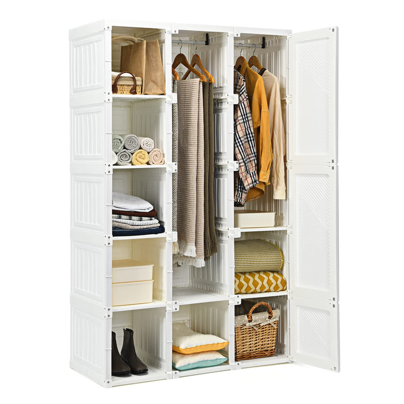 Tangkula Portable Closet Wardrobe, Foldable Clothes Organizer With Cubby Storage, Hanging Rods, Easy Assemble Clothing Storage With Magnet Doors, Folding Bedroom Armoire (10 Cubbies & 2 Rods) (LOCAL PICKUP ONLY)