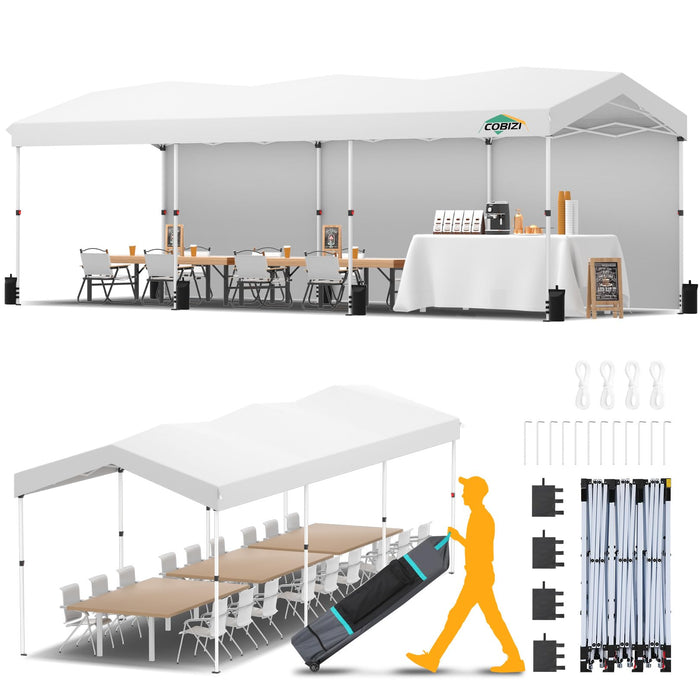 COBIZI 10X30 Pop Up Canopy With One Button Push Center Lock,Ez Up Portable Carport With 3 Sidewalls,Waterproof UV50+ Outdoor Party Commercial Carport Canopy Gazebos With Roller Bag(10 X 30 Ft White) (LOCAL PICKUP ONLY)