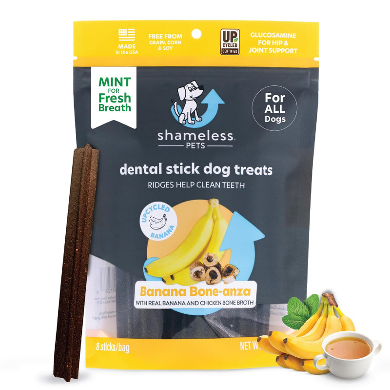 Shameless Pets Dental Treats For Dogs, Banana Bone-Anza - Healthy Dental Sticks With Hip & Joint Support For Teeth Cleaning & Fresh Breath - Dog Bones Dental Chews Free From Grain, Corn & Soy