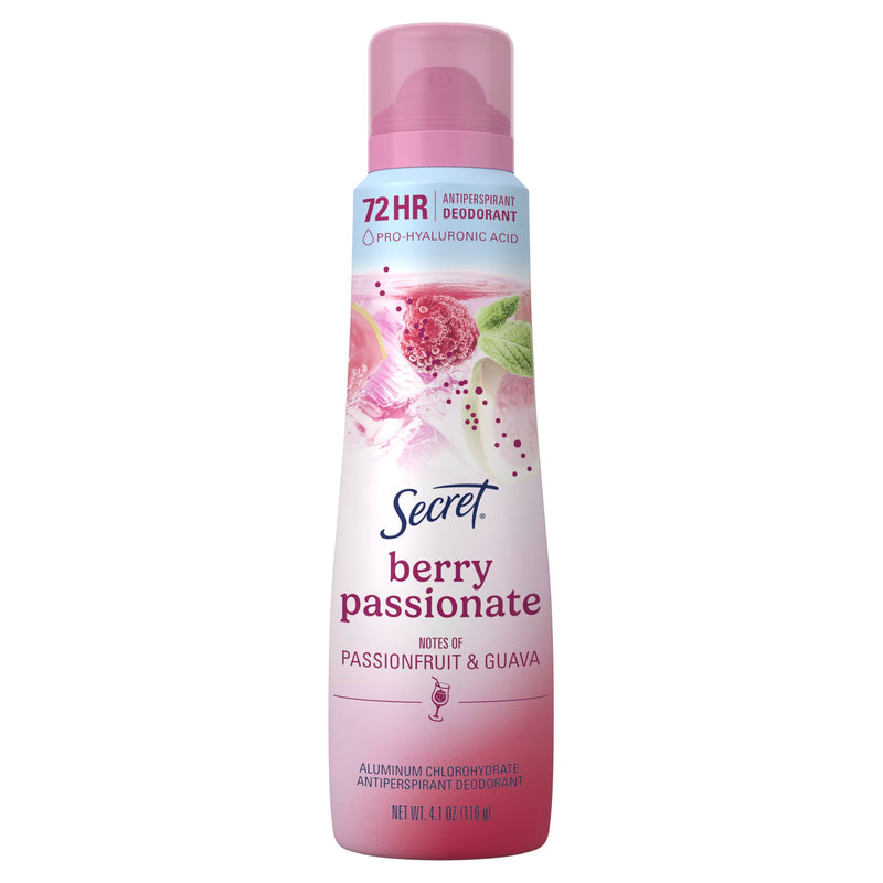 Secret Dry Spray Antiperspirant Deodorant For Women, 72Hr Freshness On The Rocks, Pro-Hyaluronic Acid, Miami Mocktail Edition, Invisible Spray, Berry Passionate With Passionfruit & Guava Scent, 4.1 Oz