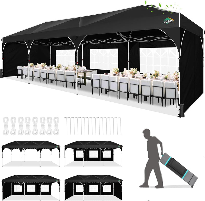 COBIZI 10X30 Pop Up Canopy Tent For Parties With 5 Sidewalls| Push Center Lock & Air Vent| Waterproof & UPF50+ |Gazebo Outdoor Tent For Party,Wedding,BBQ With 4 Sandbags, 8 Stakes & 16 Ropes,Black (LOCAL PICKUP ONLY)