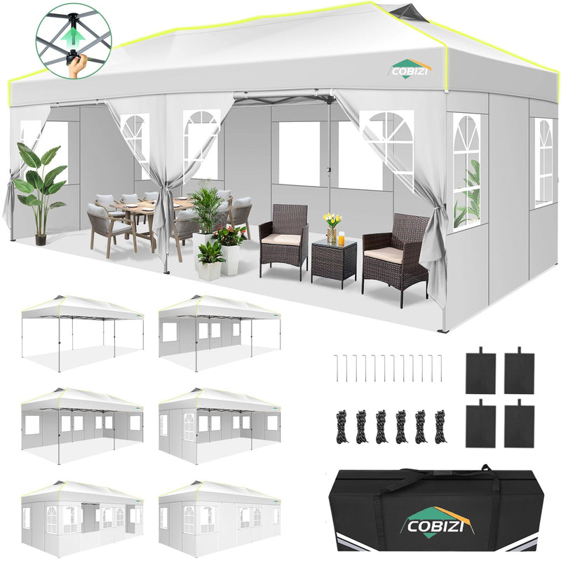 COBIZI 10X20 Pop Up Canopy Tent With 6 Removable Sidewalls, One Push Party Tent Outdoor Waterproof Event Canopy With Air Vent For Parties Commercial Wedding, 3 Height, Carry Bag, Sandbag, White (LOCAL PICKUP ONLY)