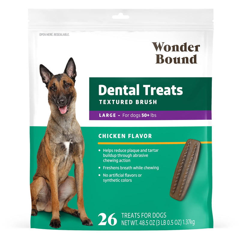 Amazon Brand - Wonder Bound Dog Dental Treats For Large Dogs (Over 50 Lbs), Real Chicken Flavor, Nubbed Texture For Plaque & Tartar Control, Freshens Breath While Chewing, 26 Count