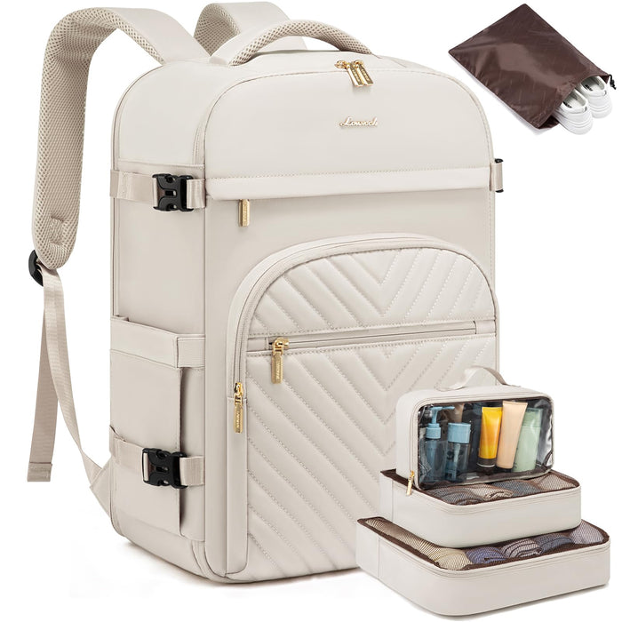 LOVEVOOK Large Travel Backpack For Women, TSA Carry On Backpack For Airplanes, 40L Personal Item Travel Bag Fits 17" Laptop, Waterproof Carry On Bag Flight Approved With 4 Packing Cubes, Beige