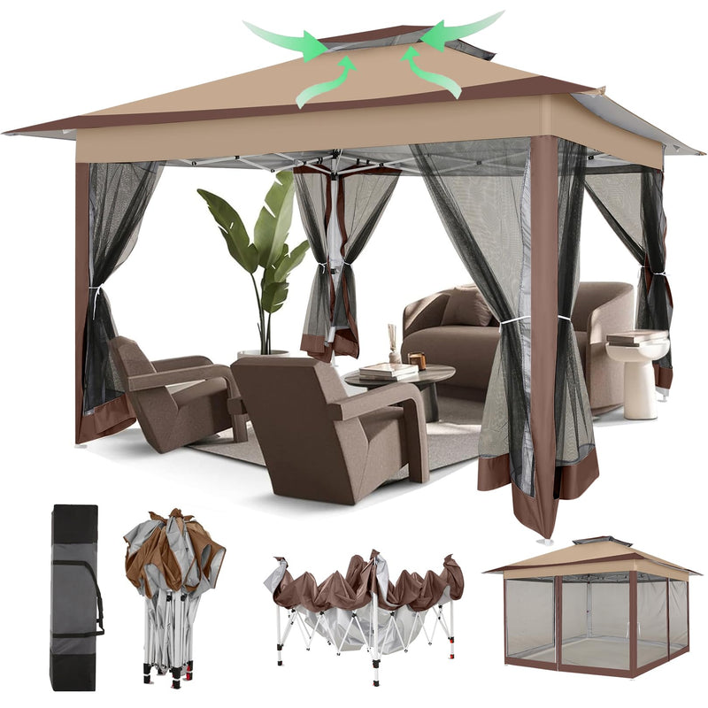 COBIZI 12X12 Pop Up Gazebo On Clearance Canopy Tent- Upgrade Metal Outdoor Canopy Waterproof - Portable Gazebo With Mosquito Nettings, 4 Ropes 8 Stakes And Carry Bag For Patio Garden(Coffee) (LOCAL PICKUP ONLY)