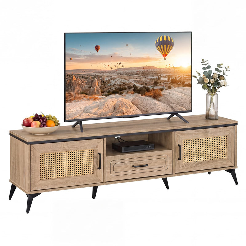 Tangkula Boho TV Stand For 65 Inch Tvs, Mid Century Modern Media Entertainment Center With Drawer, 2 Cabinets With Rattan Doors, Metal Legs, Cable Hole, TV Console Table For Living Room (Oak) (LOCAL PICKUP ONLY)