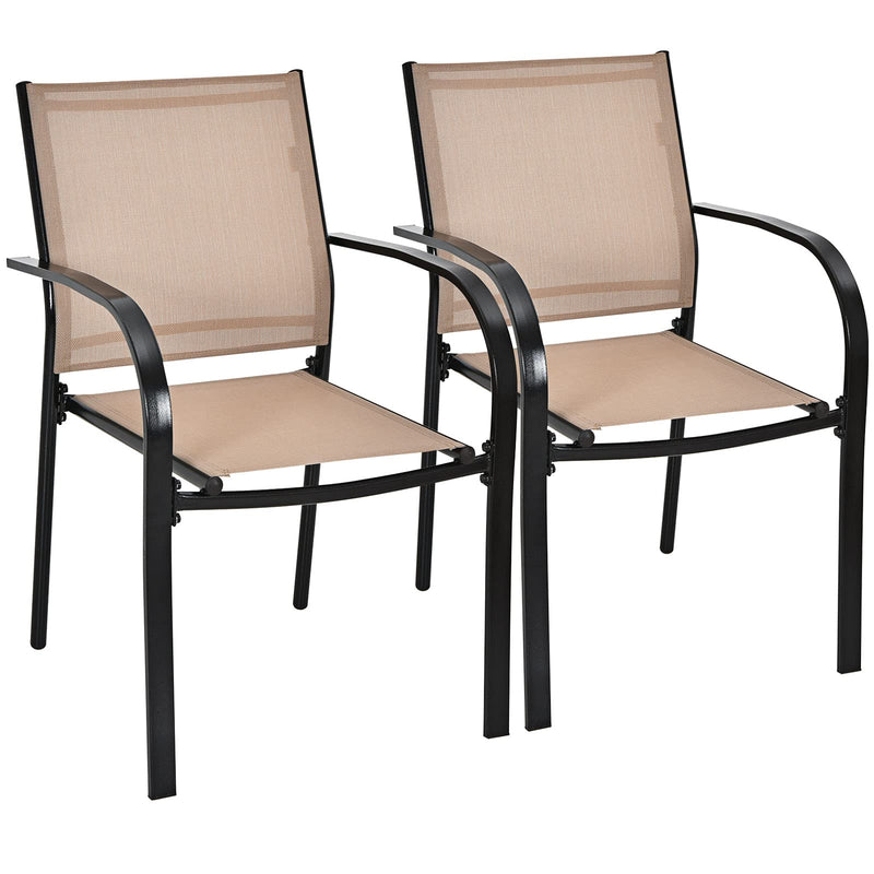 Giantex Set Of 2 Outdoor Patio Chairs, Stackable Lawn Chairs With Armrests And Breathable Fabric, 2 Pack Bistro Chairs For Porch Garden Backyard Poolside, Brown & Black (LOCAL PICKUP ONLY)