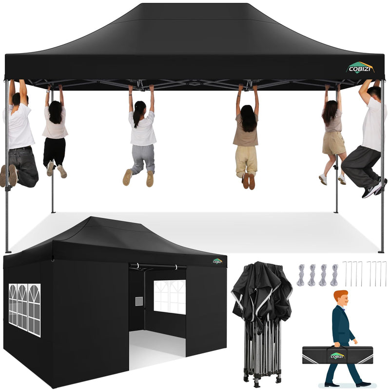 COBIZI 10X15 Heavy Duty Pop Up Canopy Tent With 4 Sidewalls Commercial Outdoor Canopy Wedding Party Tents For Wedding All Season Wind & Waterproof Gazebo With Carry Bag, Black(Frame Thickened) (LOCAL PICKUP ONLY)
