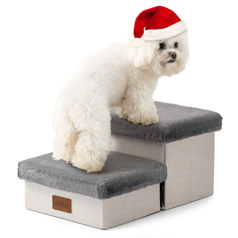 COZY KISS Pet Stair For Small Dogs With Storage, Foldable Dog Ramp With Soft Cover, Older Cat Steps For Chair Couch Sofa, Lightweight, Comfort, 19.7X13x9.6 Inch, 2 Tiers, Grey