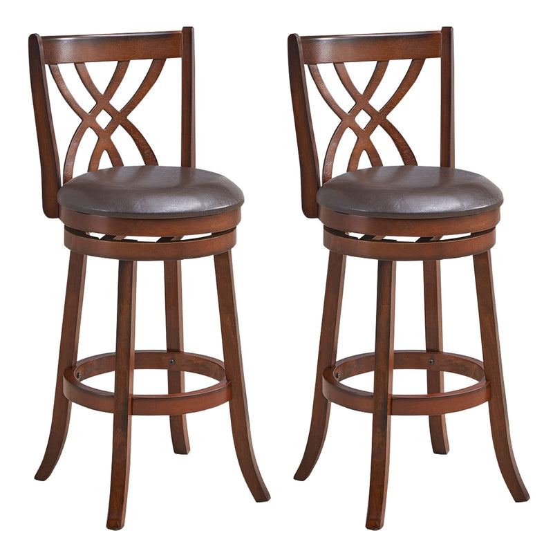 COSTWAY Bar Stools Set Of 2, 360° Swivel Chairs With Rubber Wood Frame, 30-Inch PU Leather Cushioned Seat And Footrests, For Kitchen Island, Dining Room, Bar (Brown-30 Inches, 2 Stools) (LOCAL PICKUP ONLY)