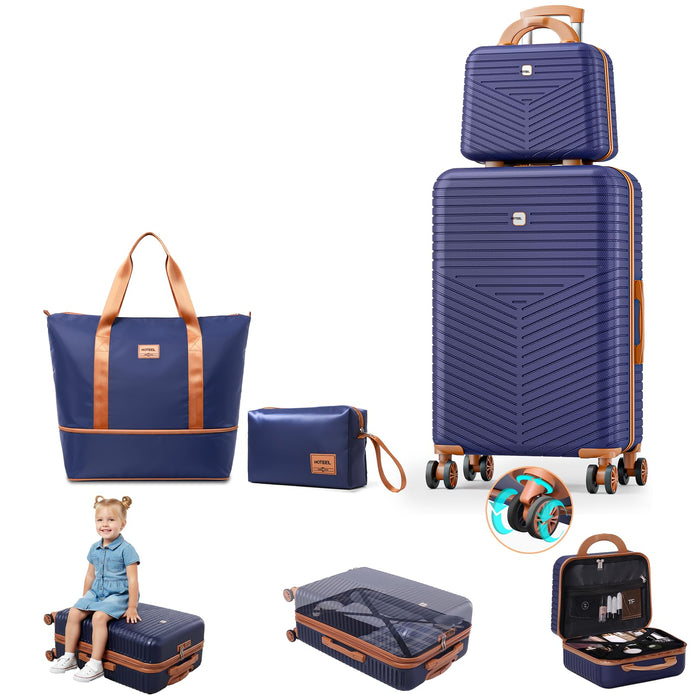 Hoteel 4 Piece Luggage Set ABS+PC Hardshell, 4-Year Limited Warranty, Spinner Wheels, TSA Lock, 13"/20" With Travel Duffel And Travel Organizer, Dark Blue (LOCAL PICKUP ONLY)