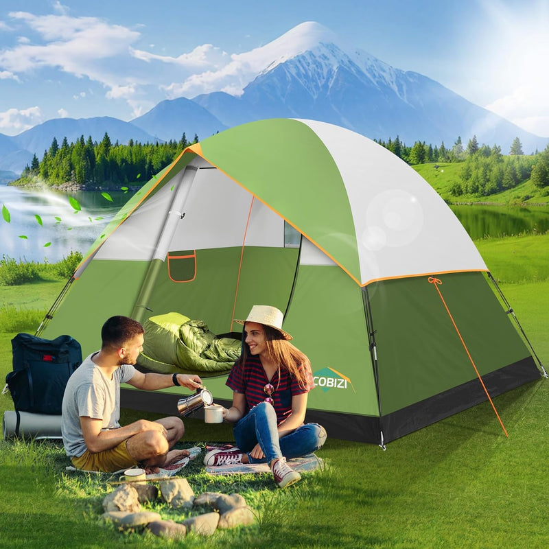 COBIZI Tents For Camping 4 Person Camping Tent With Rainfly And Screen, Easy Setup Lightweight Portable Waterproof Outdoor Tent With Carry Bag For Backpacking, Hiking, Family Travel, Green