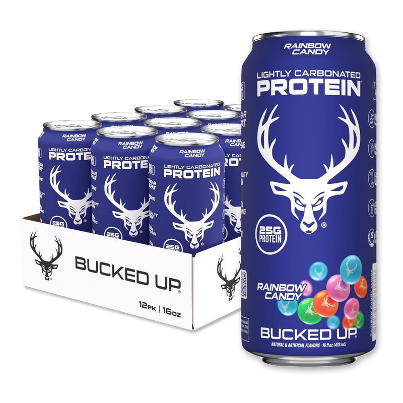 Bucked Up Lightly Carbonated Protein Soda | 25G Whey Isolate - Zero Sugar, Low Calorie, Caffeine Free, Clean Drink | Sparkling Protein Soda - 12 Pack, 16 Oz Cans (Rainbow Candy)