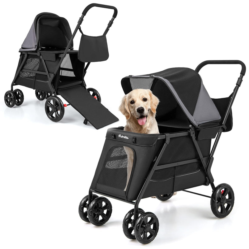 PETSITE 4 Wheels Dog Stroller, Foldable Cat Stroller With Dual Entries, Ramp, Mesh Windows, Adjustable And Detachable Canopy, And All-Terrain Wheels With Brake, Ideal For Small Medium Dogs (LOCAL PICKUP ONLY)