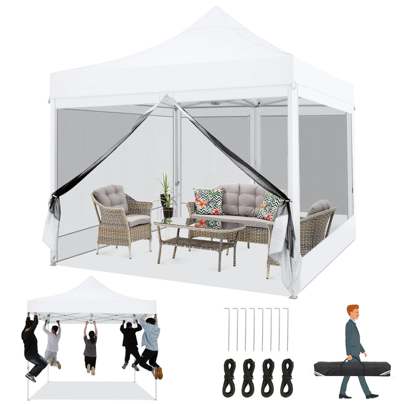 COBIZI 10X10 Heavy Duty Pop Up Canopy With 4 Mosquito Net Sidewalls, White (LOCAL PICKUP ONLY)