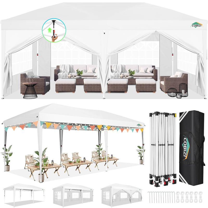 COBIZI 10X20 FT Pop Up Canopy Tent With Sidewalls, Party Tents For Parties, Carpas Para Fiestas, Easy Set Large Outdoor Popup Patio Gazebo For Backyard,Weddings,Vendor,Commercial Event,White (Upgrade) (LOCAL PICKUP ONLY)