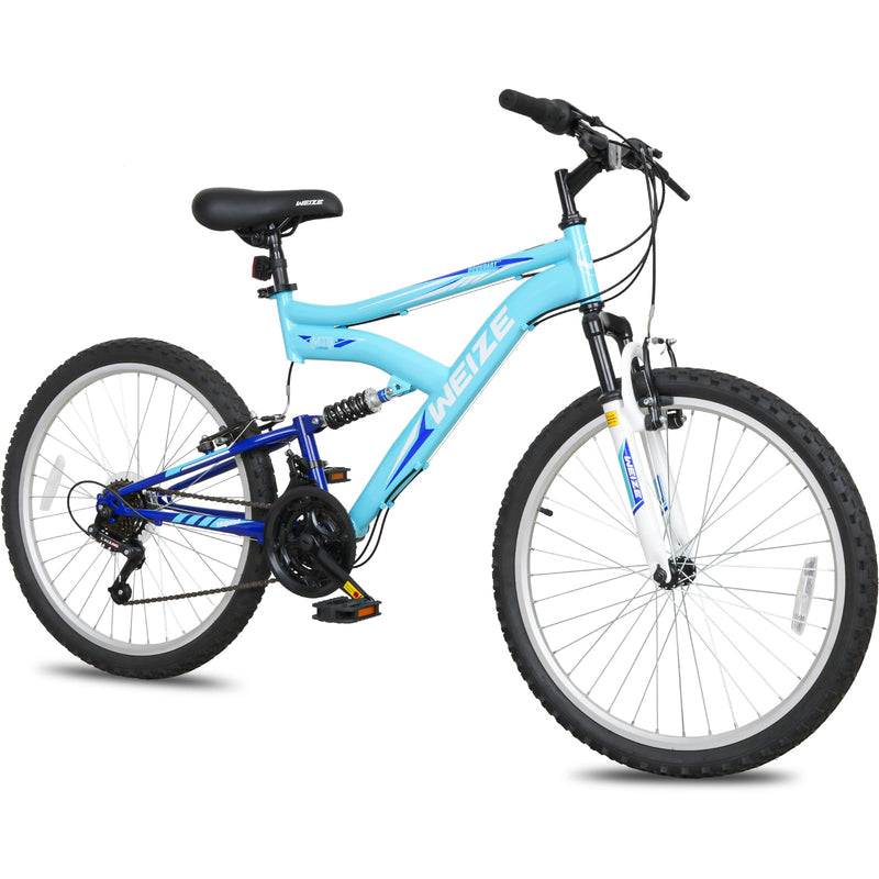 WEIZE 24 Inch Adult Mountain Bike, All-Terrain Bicycles With Dual Full Suspension, Trail Bike 6 Speeds Drivetrain, High-Carbon Steel Frame, Blue (LOCAL PICKUP ONLY)