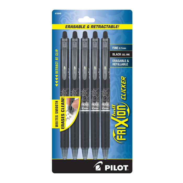 PILOT Frixion Clicker Erasable & Retracable Gel Ink Pens, Fine Point, Black Ink, 5-Pack (16946)
