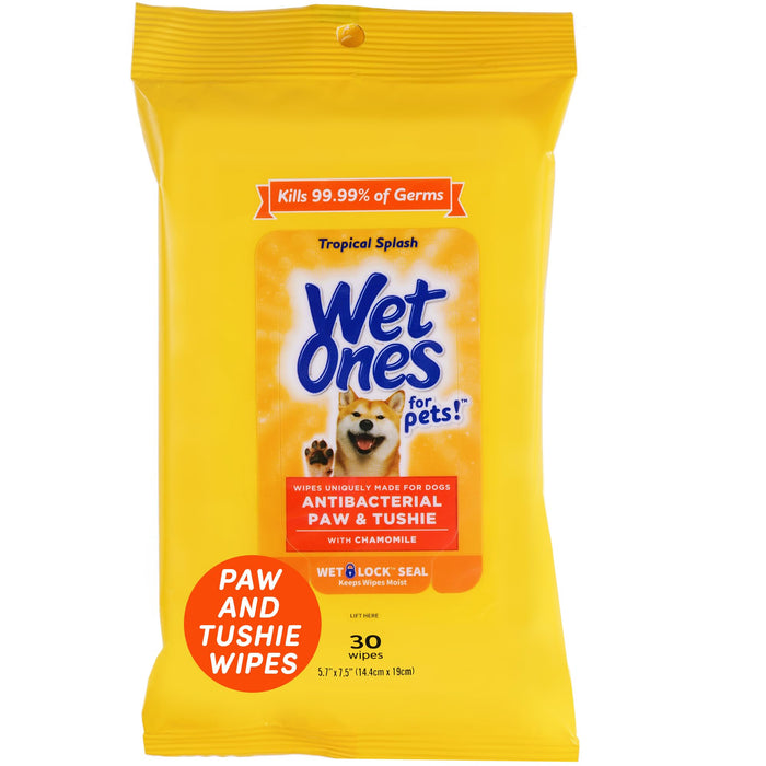 Wet Ones For Pets Paw & Tushie Dog Wipes With Chamomile, Tropical Splash Scent - Cleansing Doggie Wipes For Between Baths, Scented Travel Grooming Wipes, Dog Wipes For Paws And Butt, 30 Count