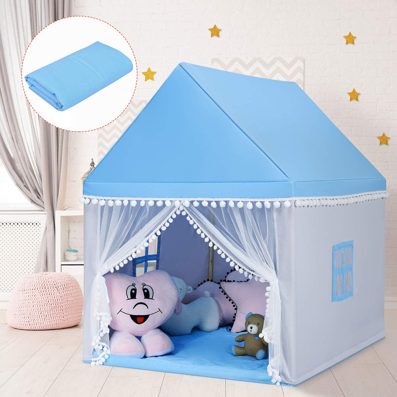 Costzon Kids Play Tent, Large Playhouse W/Washable Mat, Windows, Solid Wood Frame, Indoor Outdoor Princess Tent For Children Boys & Girls, Castle Fairy Tent, Holiday Birthday Gift (Blue) (LOCAL PICKUP ONLY)