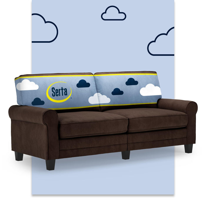 Serta Copenhagen 78" Rolled Arm Sofa, Easy Care Polyester, Soft Pillow Back, Pocket Coil Seat Cushions, Removable Covers, Loveseat Or Couch For Small Spaces, Living Rooms Or Bedrooms, Brown (LOCAL PICKUP ONLY)