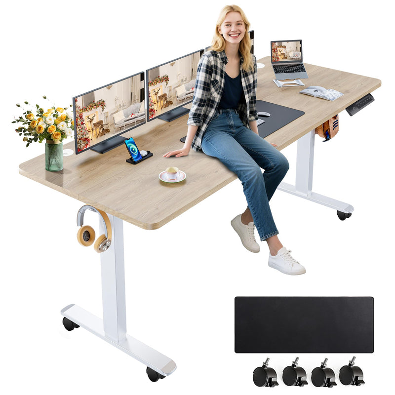 Farexon Electric Standing Desk Adjustable Height, 63X24 Inches Computer Desk With Rolling Wheels, Mouse Pad,Multifunctional Stand Up Desk For Home/Office(Oak Gray) (LOCAL PICKUP ONLY)