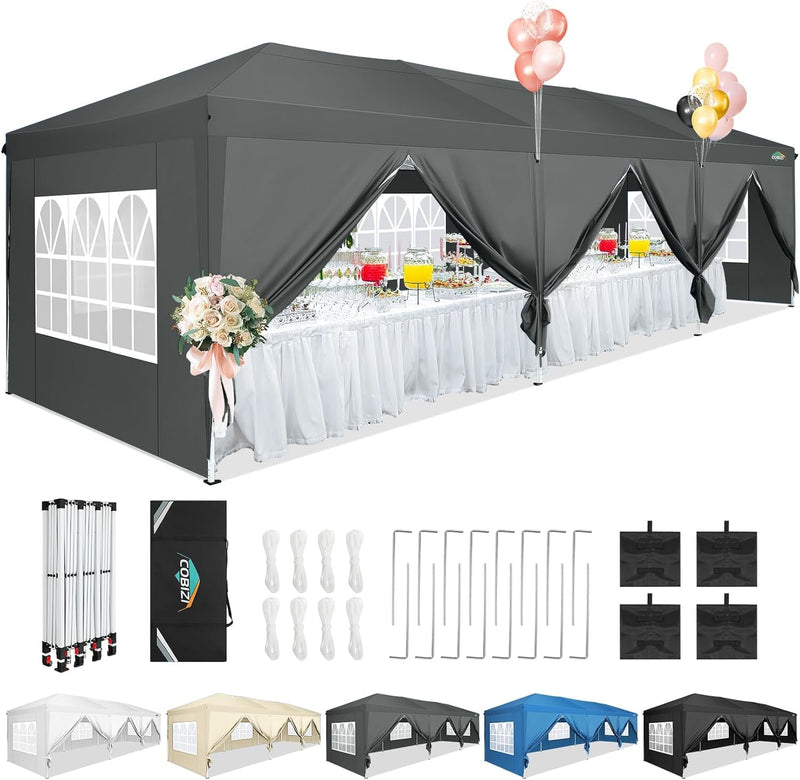 COBIZI 10X30 Pop Up Canopy Tent With 8 Sidewalls Party Tents Waterproof UPF 50+ Commercial Instant Outdoor Events Tent For Parties Markets Backyard, Ropes, Sandbags(10 X 30 Ft Gray (LOCAL PICKUP ONLY)