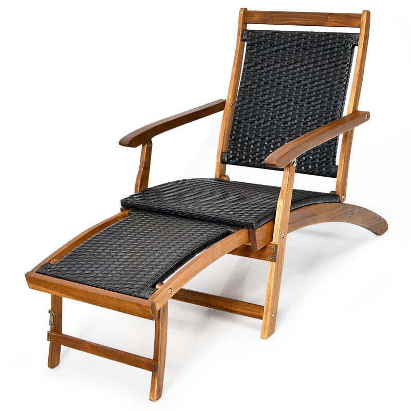 RELAX4LIFE Patio Chaise Lounge Acacia Wood Folding Rattan Wicker Deck Chair (LOCAL PICKUP ONLY)