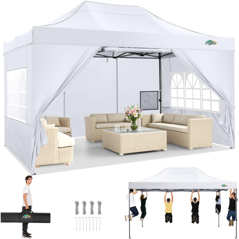COBIZI 10X15 Heavy Duty Pop Up Canopy Tent With 4 Sidewalls Thicken Frame, Commercial Easy Up Outdoor Wedding Party Tents, All Season Waterproof Windproof With Stakes Sandbags Ropes Bag, White (LOCAL PICKUP ONLY)