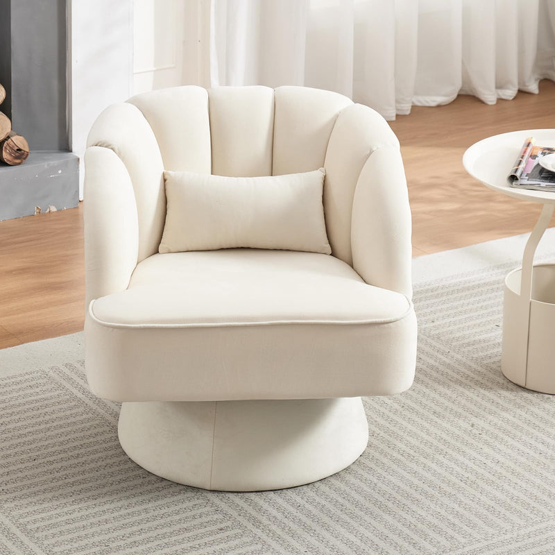 Garveehome Modern Swivel Barrel Accent Chair, 360 Degree Velvet Upholstered Armchair With Striped Backrest & Plush Padding, Comfy Round Lounge Chair For Living Room, Bedroom, Reading Nook, Beige (LOCAL PICKUP ONLY)