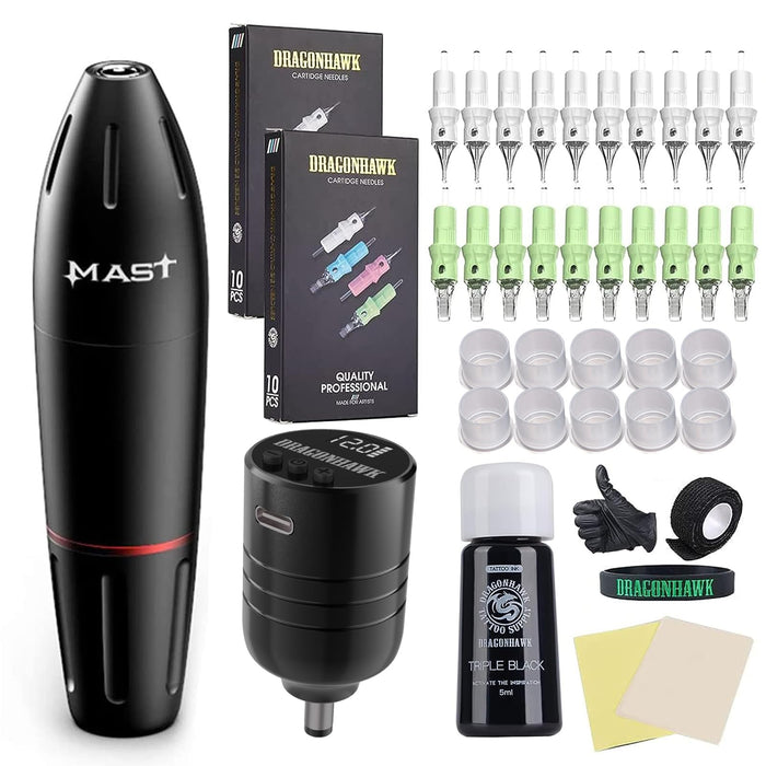 Dragonhawk Complete Tattoo Kit Beginner Tattoo Gun Kit Wireless Tattoo Machine Kit Lightweight 1300Mah Battery Power Supply