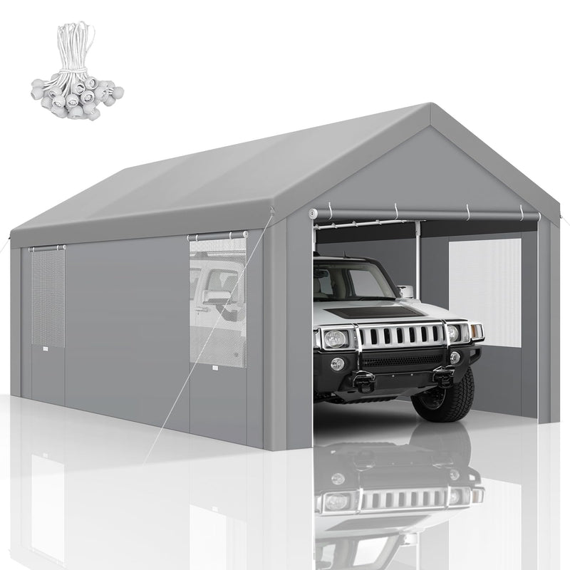 COBIZI 10X20 FT Heavy Duty Carport With Galvanized Frame, Carport Canopy With Roll-Up Windows, Storage Tent With Removable Sidewalls & Doors, Built-In Sandbags For Car Boat Truck, Gray (LOCAL PICKUP ONLY)