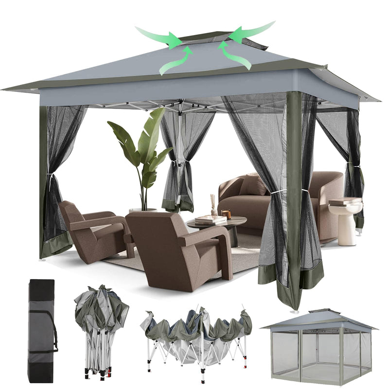 COBIZI 12X12 Pop Up Gazebos On Clearance - Upgrade Easy Up Metal Outdoor Gazebo Waterproof - Portable Gazebo With Mosquito Nettings, 4 Ropes 8 Stakes And Carry Bag For Patio Garden(Dark Gray) (LOCAL PICKUP ONLY)