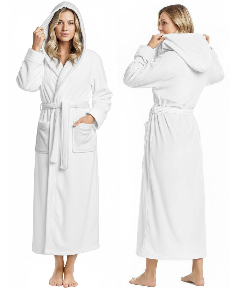 NY Threads Premium Womens Robe With Hood, Plush Fleece Long Bath Robe For Women, Fluffy Soft Women's Bathrobe, Large, White