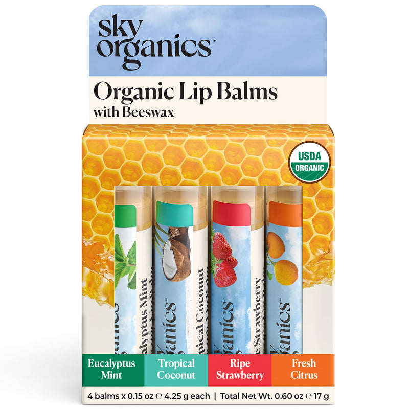 Sky Organics Organic Lip Balms With Beeswax - Assorted Flavors 4pk.