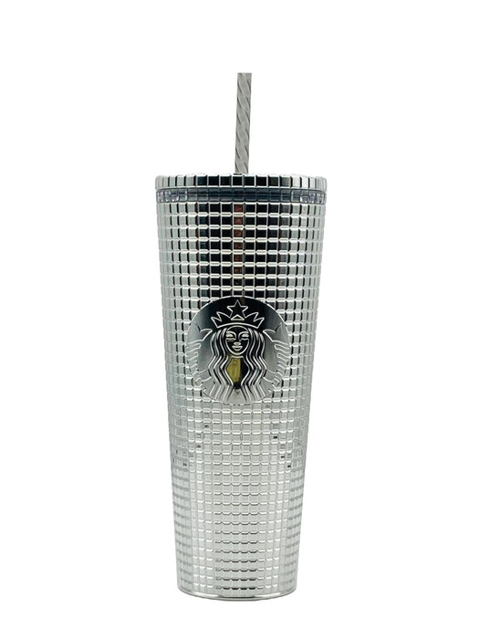 Starbucks 2023 Holiday Silver Chrome Grid Tumbler 24Oz Venti Size