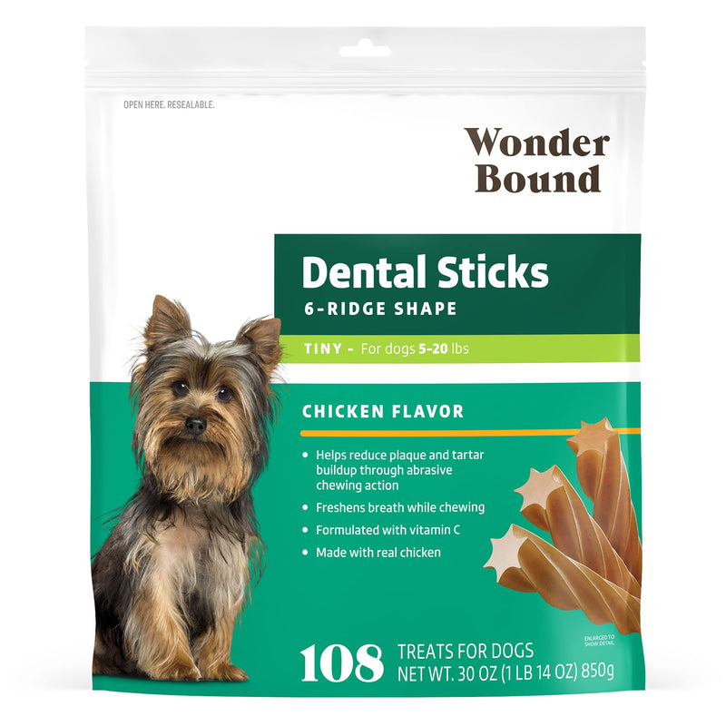 Wonder Bound Chicken Flavor Dental Sticks For Tiny Dogs (5-20 Lbs), 6-Ridge Shape For Plaque & Tartar Control, Freshens Breath, Made With Real Chicken, 108 Count