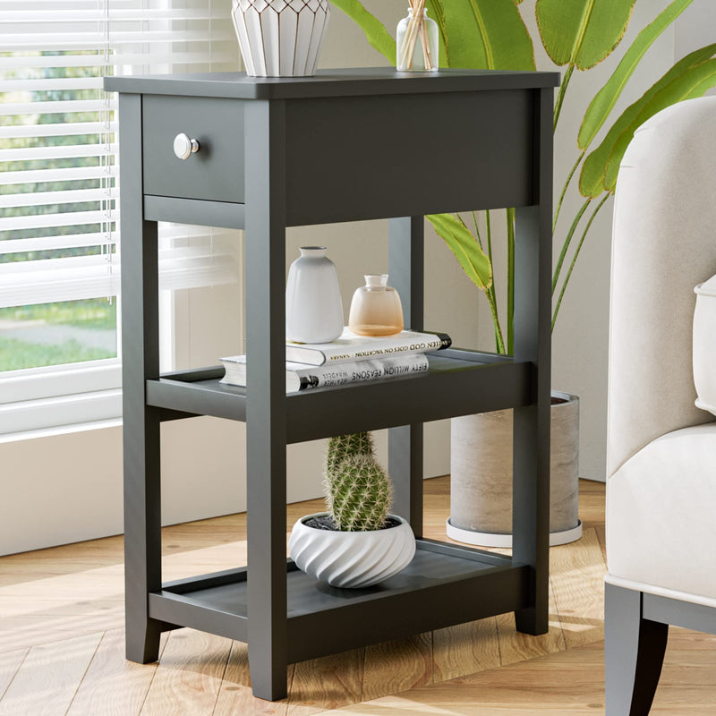 SEJOV End Table, 3-Tier Black Nightstand With Drawer And 2 Shelves, Wood Look Accent Narrow End Tables Living Room Bed Room Office,Black (LOCAL PICKUP ONLY)