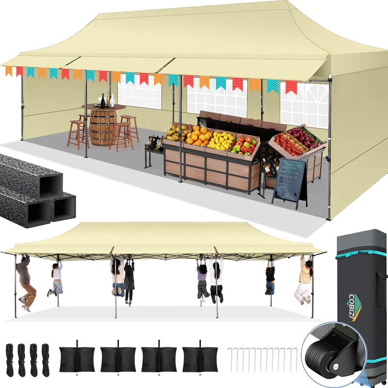 COBIZI 10X30 Pop Up Canopy Tent Heavy Duty With Sidewalls, Outdoor Commercial Canopy With Awning, Waterproof&69 SF Extended Awning, Vendor Tent For Market, Party Events, Khaki (LOCAL PICKUP ONLY)