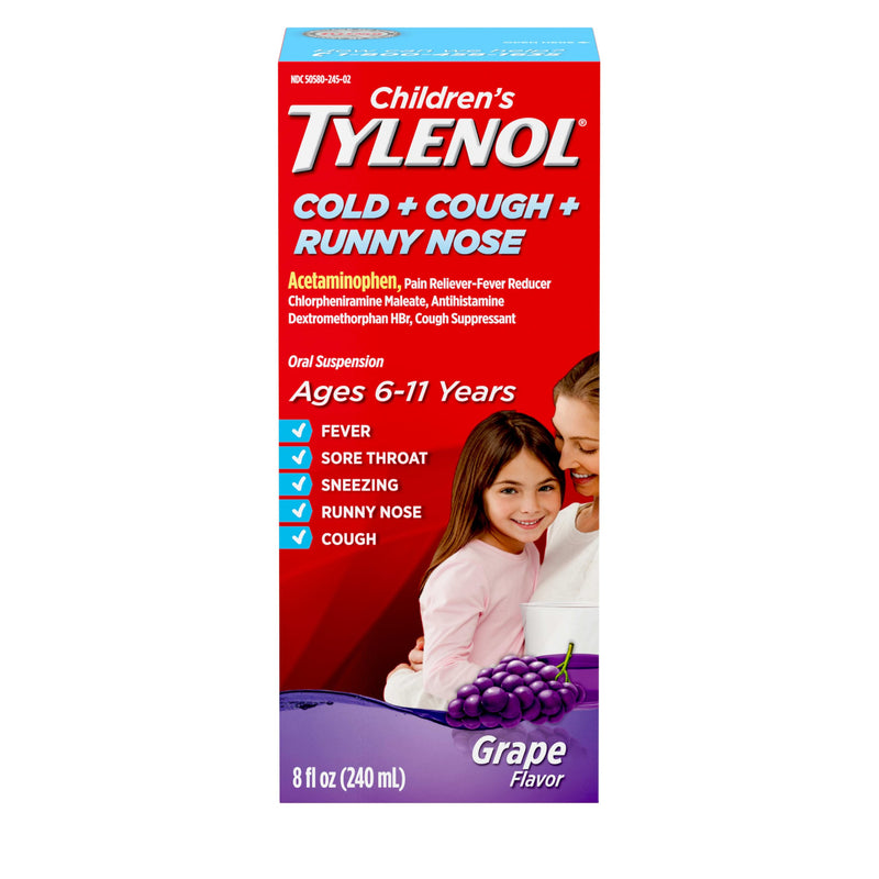 Children's Tylenol Cold + Cough + Runny Nose, Acetaminophen, Pain & Fever Relief, Chlorpheniramine Maleate, Antihistamine, Dextromethorphan Hbr, Cough Suppressant; Grape Liquid, 8 Fl. Oz