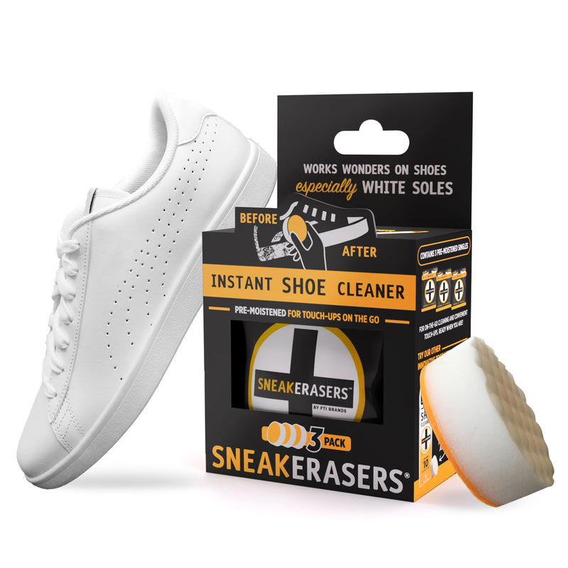 Sneakerasers Instant Sneaker Cleaner Sponge, Effective Shoe Cleaning Kit For White Sneakers, Tennis Shoes - Pre-Moistened, Portable Shoe Cleaner, Perfect For Smooth Soles And Midsoles, 3 Pack