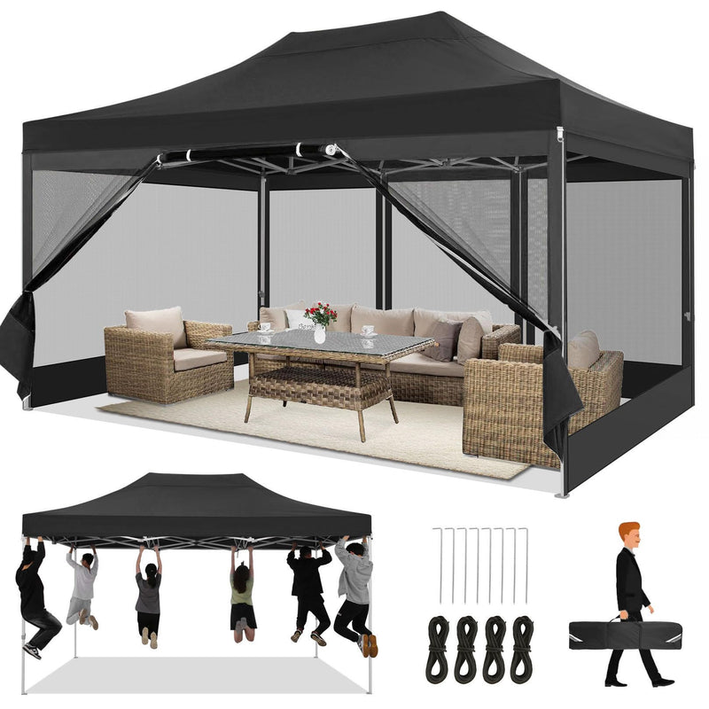 COBIZI 10X15 Heavy Duty Pop Up Canopy With 4 Mosquito Net Sidewalls, Black (LOCAL PICKUP ONLY)