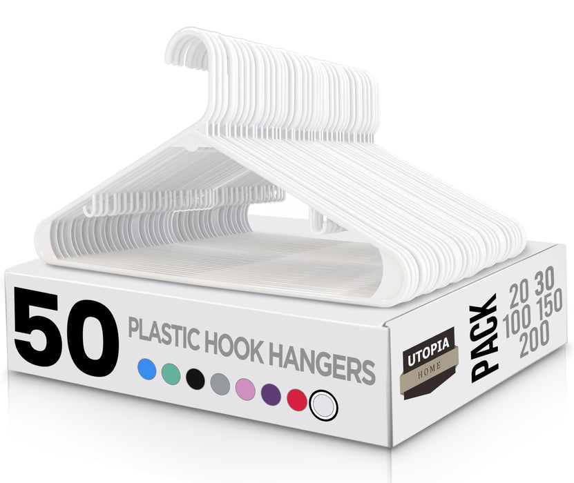 Utopia Home Plastic Hangers 50 Pack - Clothes Hanger With Hooks - Durable & Space Saving (White)
