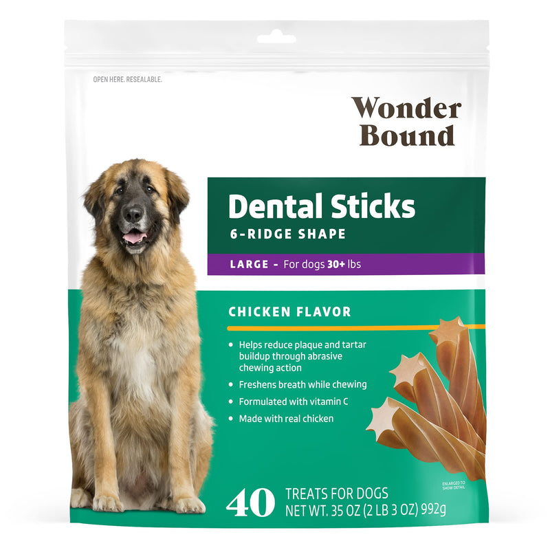 Amazon Brand - Wonder Bound Chicken Flavor Dental Sticks For Large Dogs (Over 30 Lbs), 6-Ridge Shape For Plaque & Tartar Control, Freshens Breath, Made With Real Chicken, 40 Count (Pack Of 1)