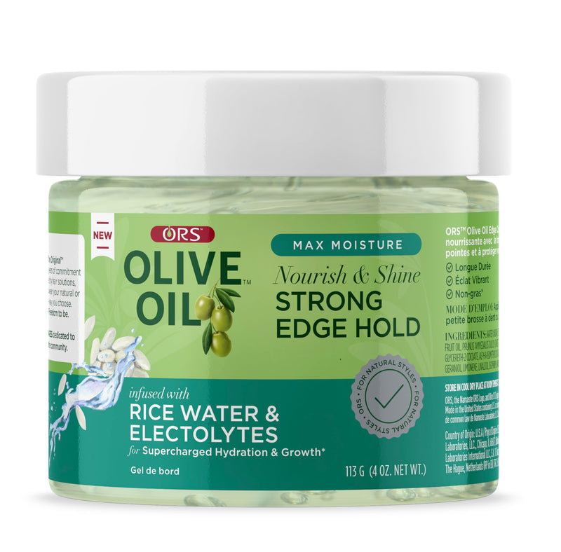 Olive Oil Max Moisture Nourish & Shine Strong Hold Edge Gel With Rice Water & Electrolytes 4 Oz