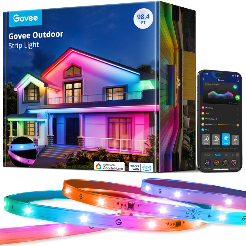 Govee Outdoor LED Strip Lights, 98.4Ft Smart Outdoor Lights Work With Alexa And Google Assistant, App Control, IP65 Waterproof, RGBIC Lights For Patio, Eave, Party Decorations