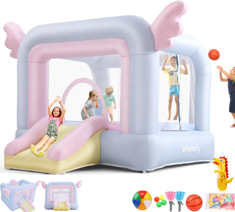 Inflatable Bounce House WITHOUT BLOWER For Kids All-In-ONE W/Macaron Balloons, Catch Ball Set, Punching Bag, Beachball, Basketball, 106 X 85 X 80 Jump Castle With Slide & Basketball Hoop For Indoor/Outdoor (LOCAL PICKUP ONLY)