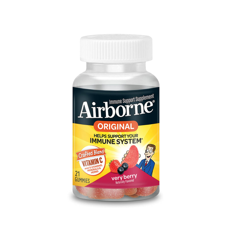 Vitamin C 750Mg (Per Serving) - Airborne Very Berry Flavored Gummies (21 Count In A Bottle), Gluten-Free Immune Support Supplement With Vitamins A C E, Selenium, Echinacea, Ginger, Antioxidants